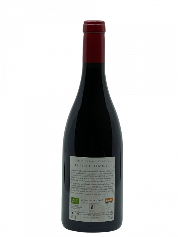 Rhône Châteauneuf du Pape Vin de France péché originel vin rouge agriculture biologique non filtré sans soufre ajouté sulfite indication géographique terroir domaine usseglio succession génération tradition savoir-faire exploitation superficie hectare biodynamie vignoble rhodanien certification demeter rare production cépage ancestral cinsault vieille vigne plantation sable vinification cuve préservation environnement respect nature finesse