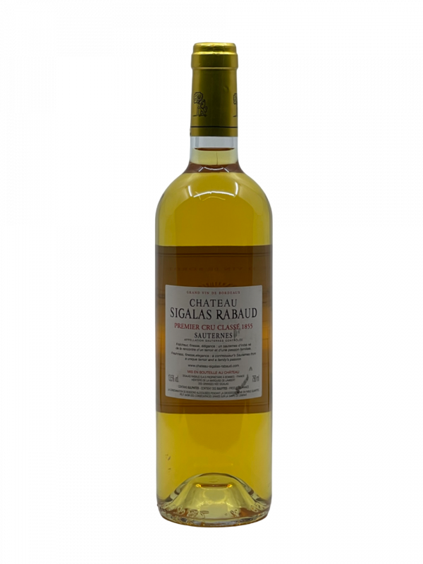 Bordeaux Sauternes Château Sigalas Rabaud Premier Grand Cru Classé 1855 qualité vin blanc liquoreux liqueur concentré puissant élégance rare amateur famille propriété tradition savoir-faire domaine pourriture noble vinification composition millésime nez bouche attaque finale note arôme bouquet couleur robe reflets fruits frais agrumes confit texture délicieuse densité combinaison cuvée vieillissement fruits exotiques mangue papaye marmelade confiture gelée orange coing révélation équilibre douceur épice safran intense minéralité verticalité