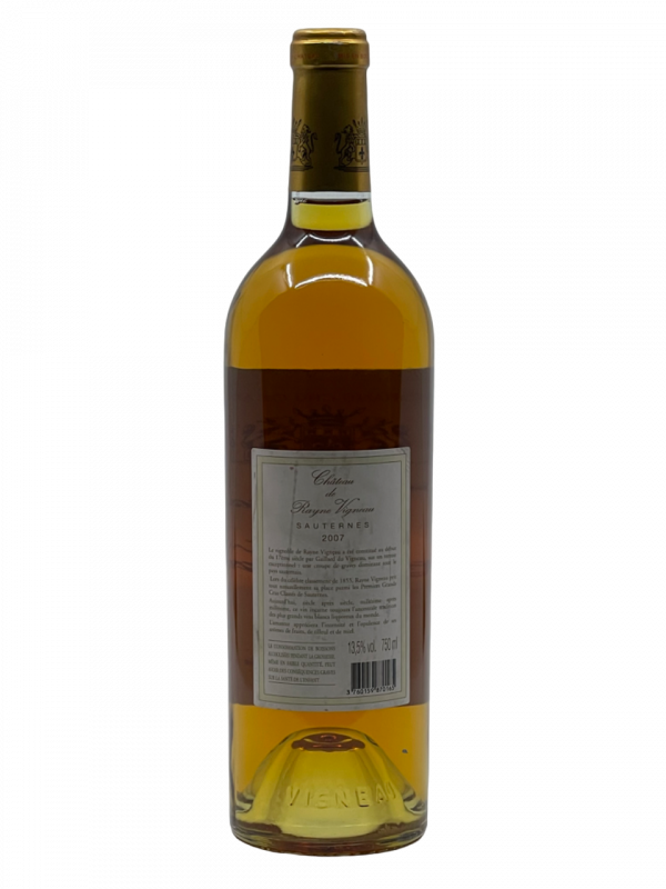 Bordeaux Sauternes Château de Rayne Vigneau Premier Grand Cru Classé 1855 qualité vin blanc liquoreux sélection pourriture noble vinification composition savoir-faire expression terroir style puissance fraîcheur pourriture noble vinification complexité aromatique cépage assemblage sémillon sauvignon blanc millésime nez bouche attaque finale note arôme bouquet couleur robe reflets miel fruits frais agrumes confit texture délicieuse vanille zeste citron confit figue raisin Corinthe acidulée amande grillée persistance vieillissement fruits exotiques révélation équilibre sucre acide douceur épice intense minéralité verticalité