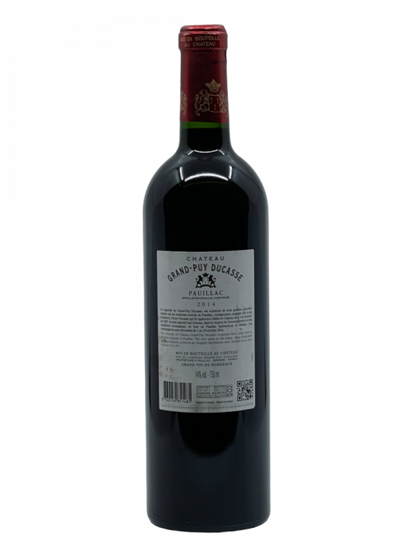 Bordeaux Pauillac 1855 classement Grand Cru Classé château grand puy ducasse propriété grand vin rouge fameux médoc terroir assemblage cépage cabernet sauvignon merlot millésime nez bouche attaque finale note arôme bouquet couleur palais robe intense structuré équilibré élégant complexité aromatique fruits noirs cassis mûre réglisse fumée café tabac blond texture douce saveur délicate exceptionnelle capacité garde vieillissement maturité apogée