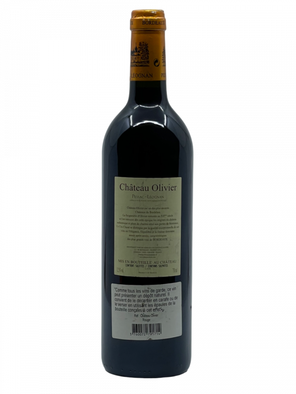 Bordeaux Pessac Léognan Grand Cru Classé Graves Château Olivier histoire domaine hectares vignoble vignes vins rouges blancs spectaculaire ancrage centenaire excellent terroir fertilité précocité cliamt cépages assemblage cabernet merlot sauvignon maturité optimale millésime réussite élégance robe couleur pourpre reflet violet noyau nez bouche finale attaque notes arômes baies noires mûr prune cerise épice orientale fumée structuré équilibré charpenté tanins soyeux fraîcheur années vieillissement profondeur goût merveilleux longueur