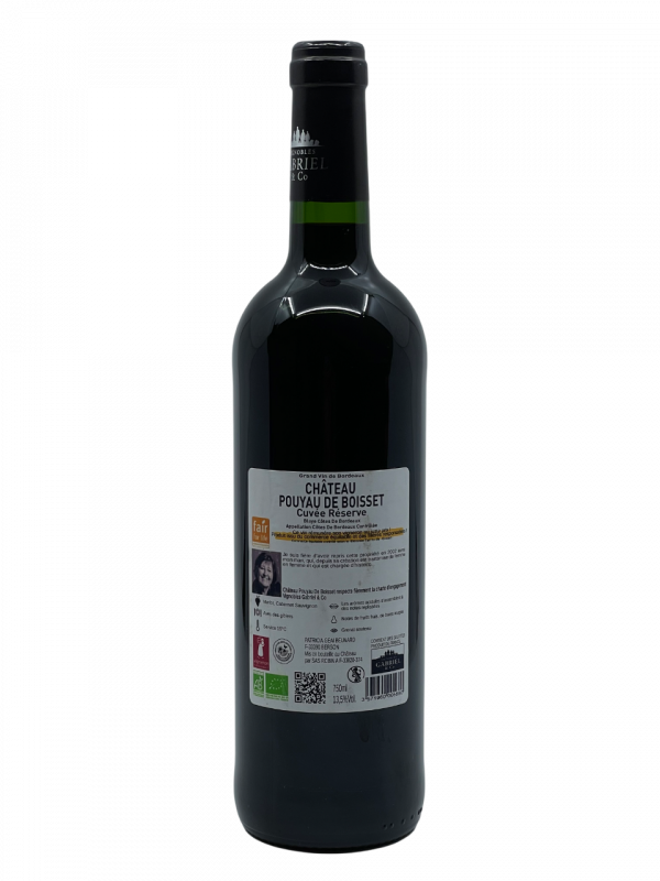 Bordeaux Blaye Côtes de Bordeaux Château Poyau de Boisset Cuvée réserve vin rouge biologique certification vignobles domaine propriété viticole famille beunard tradition savoir-faire vignoble culture ancestrale progrès modernité millésime nez bouche attaque finale note arôme bouquet couleur robe reflets grenat tuilé intense discret agréable prune épice pivoine toasté ample fraîche justesse parfum tanin soyeux