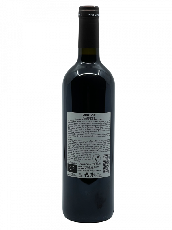 Languedoc Roussillon IG Pays d’Oc Gérard Bertrand Naturae vin biologique végan sans sulfite terroir savoir-faire œnologue expertise vinification respect environnement bien-être animal expérience unique raisin cépage merlot millésime nez bouche attaque finale note arôme bouquet palais palette aromatique couleur robe reflets essentiel qualité intense fruité