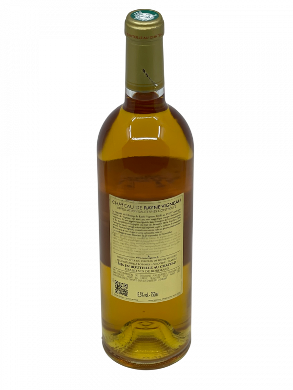 Bordeaux Sauternes Château de Rayne Vigneau Premier Grand Cru Classé 1855 qualité vin blanc liquoreux sélection pourriture noble vinification composition savoir-faire expression terroir style puissance fraîcheur pourriture noble vinification complexité aromatique cépage assemblage sémillon sauvignon blanc millésime nez bouche attaque finale note arôme bouquet couleur robe reflets miel fruits frais agrumes confit texture délicieuse vanille zeste citron confit figue raisin Corinthe acidulée amande grillée persistance vieillissement fruits exotiques révélation équilibre sucre acide douceur épice intense minéralité verticalité