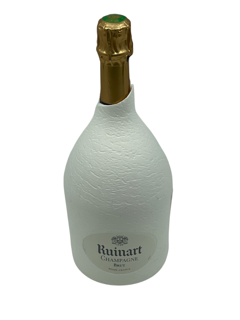 Champagne brut ruinart maison esprit flacon unique seconde peau innovation technologie durable environnement éco-conçue recyclable enveloppe crayère nature hommage expérience recyclage cépage chardonnay pinot noir meunier assemblage millésime nez bouche attaque finale note arôme bouquet palais palette aromatique couleur robe reflets exigence pur raffiné lumineuse goût équilibre harmonie cuvée fraîcheur structure texture complexité grillée fruité frais