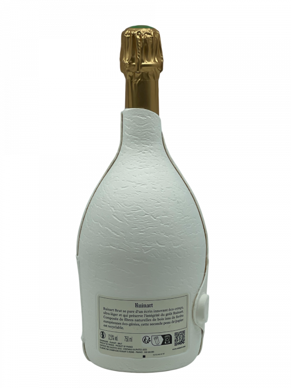 Champagne brut ruinart maison esprit flacon unique seconde peau innovation technologie durable environnement éco-conçue recyclable enveloppe crayère nature hommage expérience recyclage cépage chardonnay pinot noir meunier assemblage millésime nez bouche attaque finale note arôme bouquet palais palette aromatique couleur robe reflets exigence pur raffiné lumineuse goût équilibre harmonie cuvée fraîcheur structure texture complexité grillée fruité frais