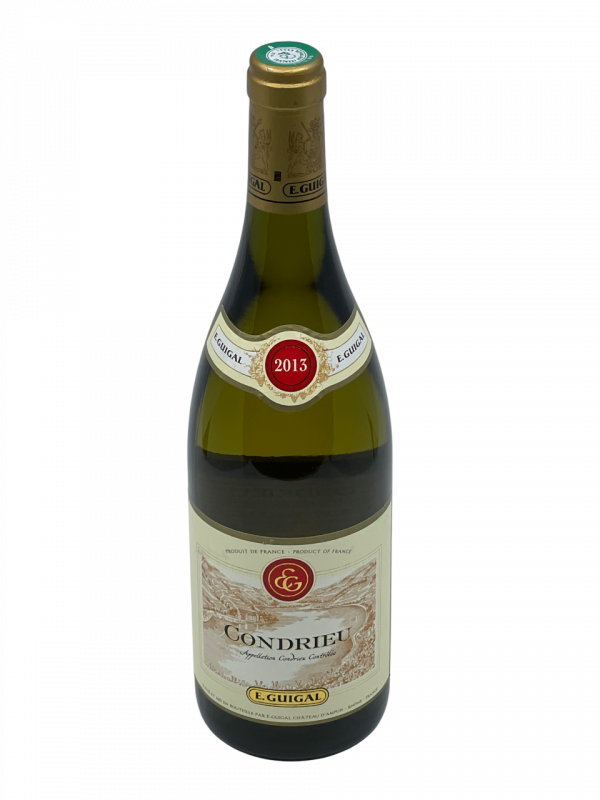 Rhône Condrieu appellation emblématique vallée du Rhône prestigieuse maison E. Guigal domaine château d’Ampuis joyau renaissance monuments historiques patrimoine classé vignoble vigne vin blanc Côte Rôtie Saint Joseph Hermitage Gigondas Crozes Hermitage millésime nez bouche attaque finale note arôme bouquet palais palette aromatique couleur robe reflets jaune doré brillant limpide intense fleur violette fruits chair jaune blanche abricot pêche agrumes fraîche gras richesse onctuosité harmonie rondeur fraîcheur charnue remarquable minéralité