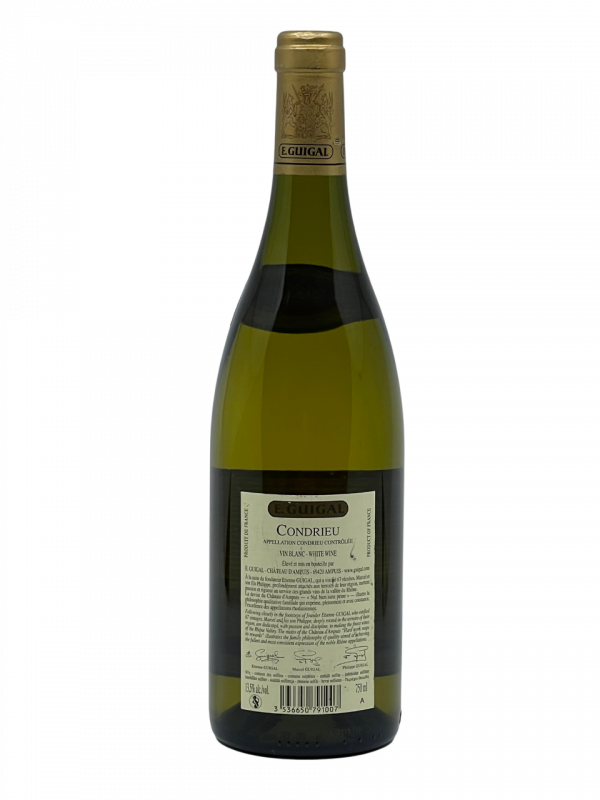 Rhône Condrieu appellation emblématique vallée du Rhône prestigieuse maison E. Guigal domaine château d’Ampuis joyau renaissance monuments historiques patrimoine classé vignoble vigne vin blanc Côte Rôtie Saint Joseph Hermitage Gigondas Crozes Hermitage millésime nez bouche attaque finale note arôme bouquet palais palette aromatique couleur robe reflets jaune doré brillant limpide intense fleur violette fruits chair jaune blanche abricot pêche agrumes fraîche gras richesse onctuosité harmonie rondeur fraîcheur charnue remarquable minéralité