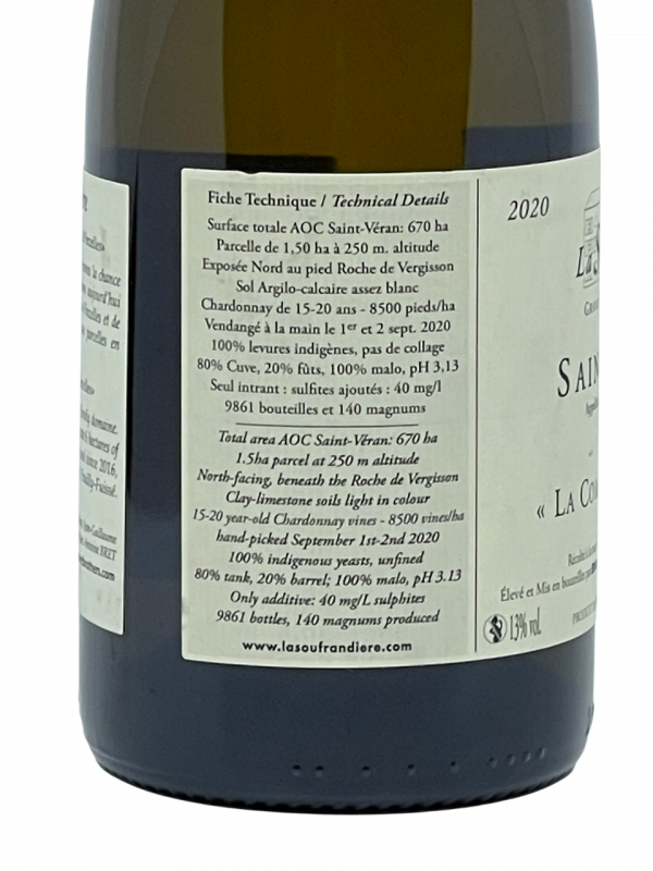Bourgogne Saint Véran cuvée la combe desroches appellation climat terroirs la soufrandière domaine familial visionnaire Mâconnais famille bret génération vigneron vin biologique Bio AB vignes vin blanc vinzelles transmission renaissance tradition modernité viticulture respect environnement vinification expression cépage chardonnay millésime nez bouche attaque finale note arôme bouquet palais palette aromatique couleur robe reflets jaune paille cuivré acide citrique herbacé pomme grillé cidre chèvrefeuille fleur miel huile citron juteux clair fin caractère pomme friable acidité soyeuse crémeux longueur