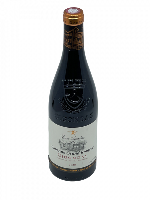 Rhône Gigondas appellation domaine grand romane négoce propriété producteur maison pierre amadieu famille superficie hectare terroir exploitation sélection parcellaire vieille vigne vin rouge vignoble coteau altitude cœur massif dentelles de montmirail millésime nez bouche attaque finale note arôme bouquet palais palette aromatique couleur robe reflets enivrante harmonie assemblage cépage grenache mourvèdre syrah complexe puissance distinction épice poivre fruit noir confit tanin soyeux garrigue olive structure ample onctueux finesse potentiel de garde maturité barrique foudre