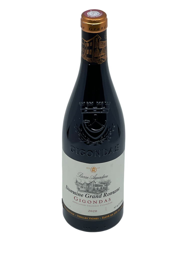 Rhône Gigondas appellation domaine grand romane négoce propriété producteur maison pierre amadieu famille superficie hectare terroir exploitation sélection parcellaire vieille vigne vin rouge vignoble coteau altitude cœur massif dentelles de montmirail millésime nez bouche attaque finale note arôme bouquet palais palette aromatique couleur robe reflets enivrante harmonie assemblage cépage grenache mourvèdre syrah complexe puissance distinction épice poivre fruit noir confit tanin soyeux garrigue olive structure ample onctueux finesse potentiel de garde maturité barrique foudre