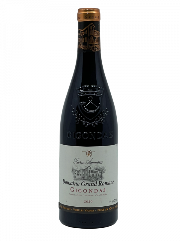 Rhône Gigondas appellation domaine grand romane négoce propriété producteur maison pierre amadieu famille superficie hectare terroir exploitation sélection parcellaire vieille vigne vin rouge vignoble coteau altitude cœur massif dentelles de montmirail millésime nez bouche attaque finale note arôme bouquet palais palette aromatique couleur robe reflets enivrante harmonie assemblage cépage grenache mourvèdre syrah complexe puissance distinction épice poivre fruit noir confit tanin soyeux garrigue olive structure ample onctueux finesse potentiel de garde maturité barrique foudre