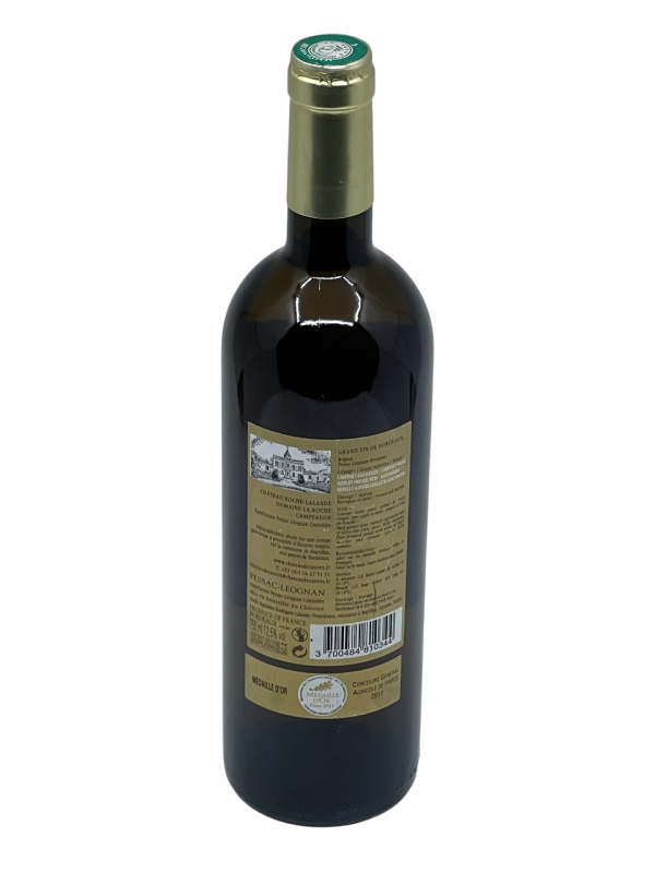 Bordeaux Pessac Léognan appellation Domaine La Roche Château Roche Lalande propriétaire Rodrigues Lalande acquisition propriété gamme vin blanc vignoble vigne élitiste millésime nez bouche attaque finale note arôme bouquet palais palette aromatique couleur robe reflets jaune pâle intense harmonieux fruit jaune pêche abricot vanille fruits exotiques agrumes boisé cèdre équilibre gras fraîcheur